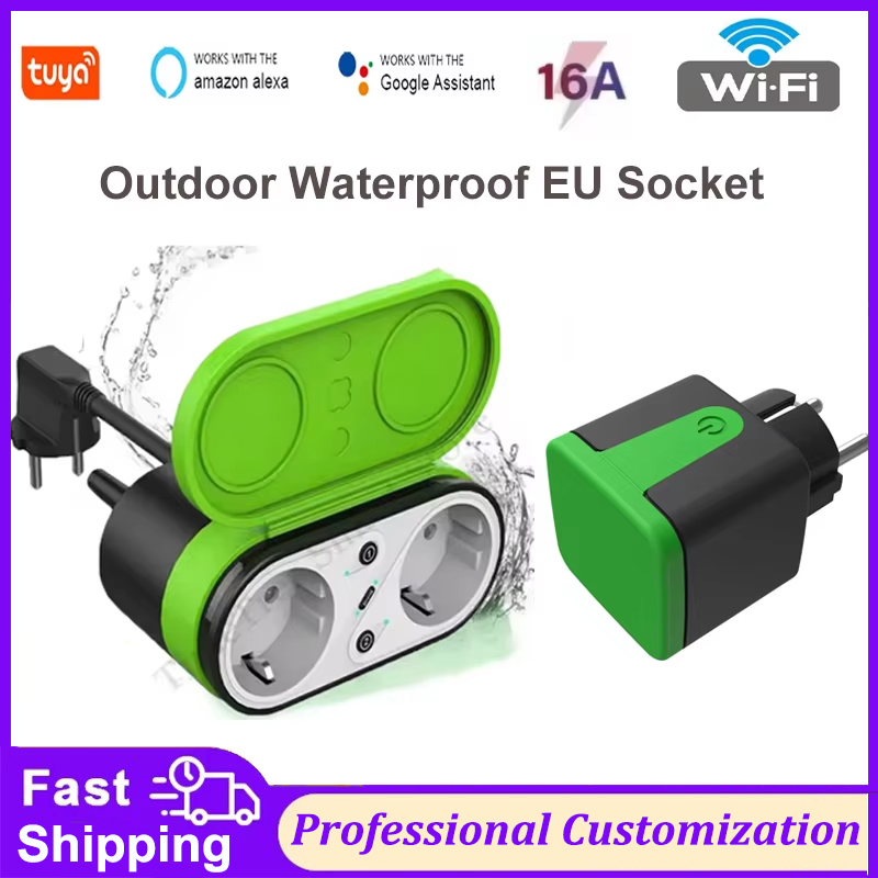Outdoor Power Port - Tuya EU 16A Wifiスマート屋外プラグスイッチソケットIP44防水スマートダブルソケットタイマーAPP音声制御 Alexa Google対応