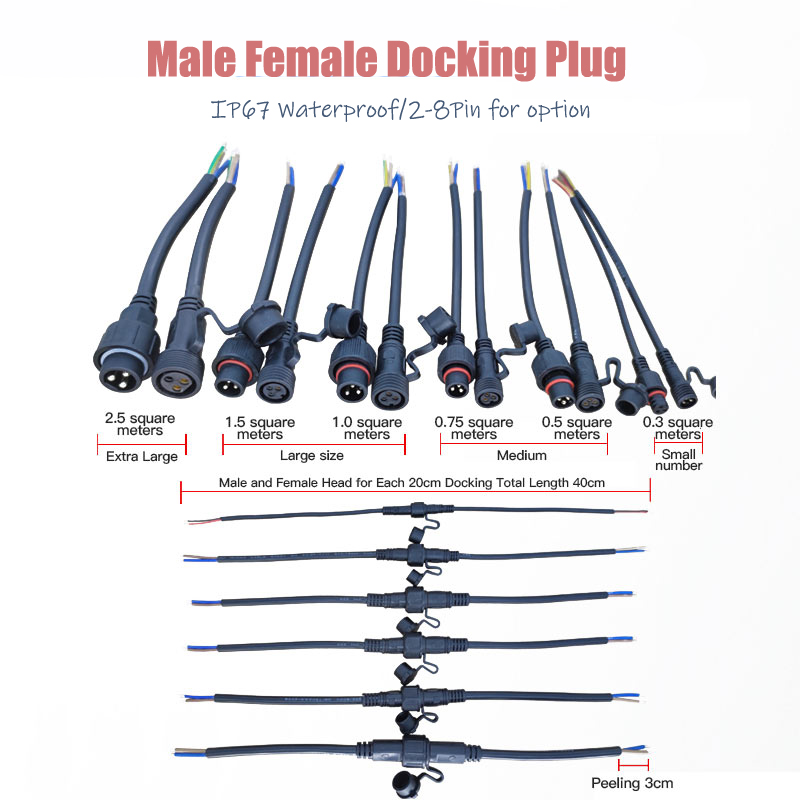Outdoor Power Extension Cord - オスとメスの延長ワイヤーコネクタ、防水LEDケーブルコネクタ、正方形のプラグ、屋外、ip68、2ピン、3ピン、4ピン、5ピン、0.3ピン、0.75ピン、ピン1.5mm