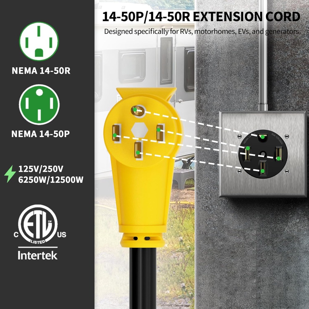 米国発送 最新 25フィート 50アンペア RV EV延長コ - Outdoor Power Extension Cord のレビューと価格